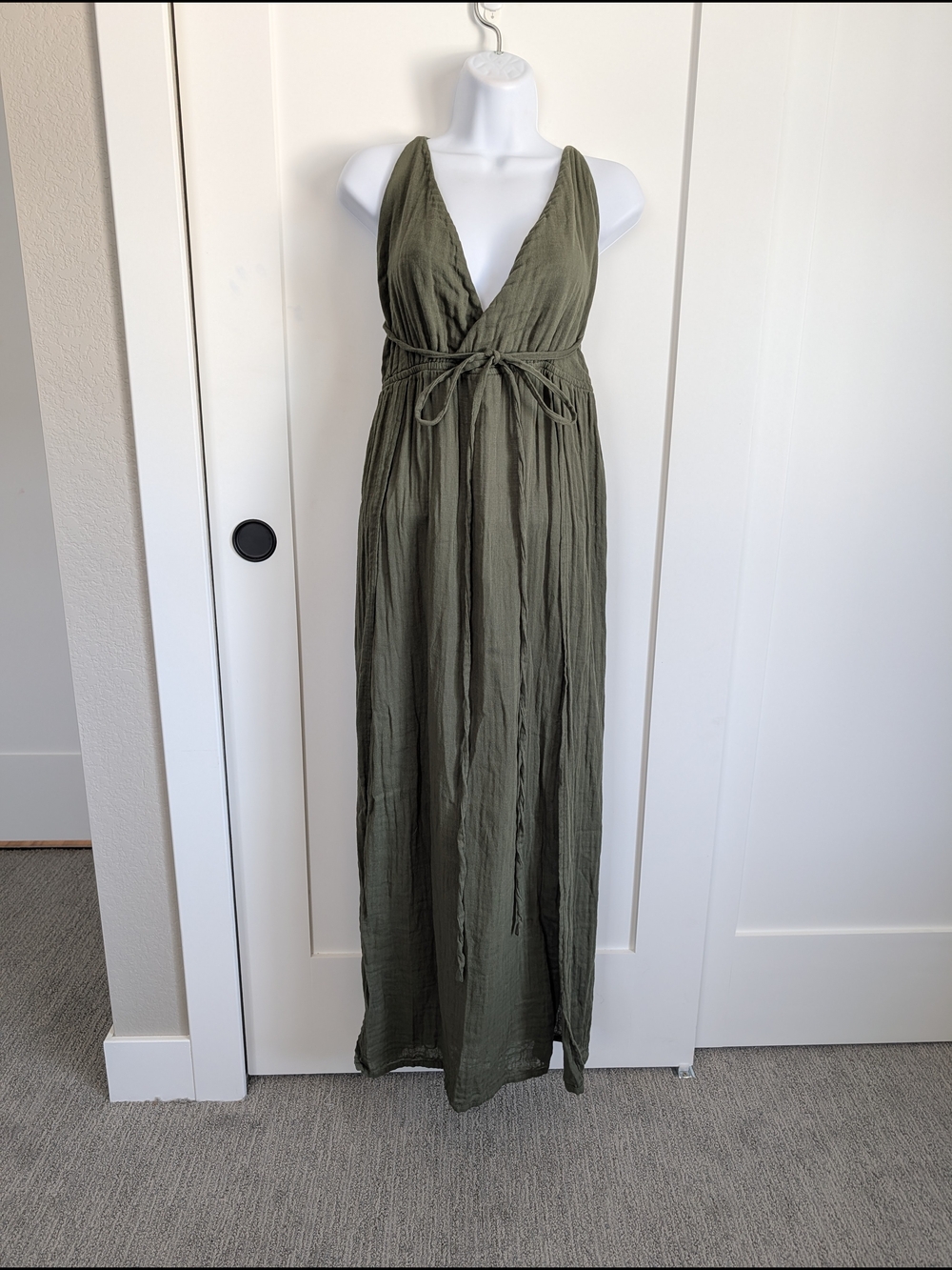 Olive Green V-Neck Maxi Dress with Waist Tie